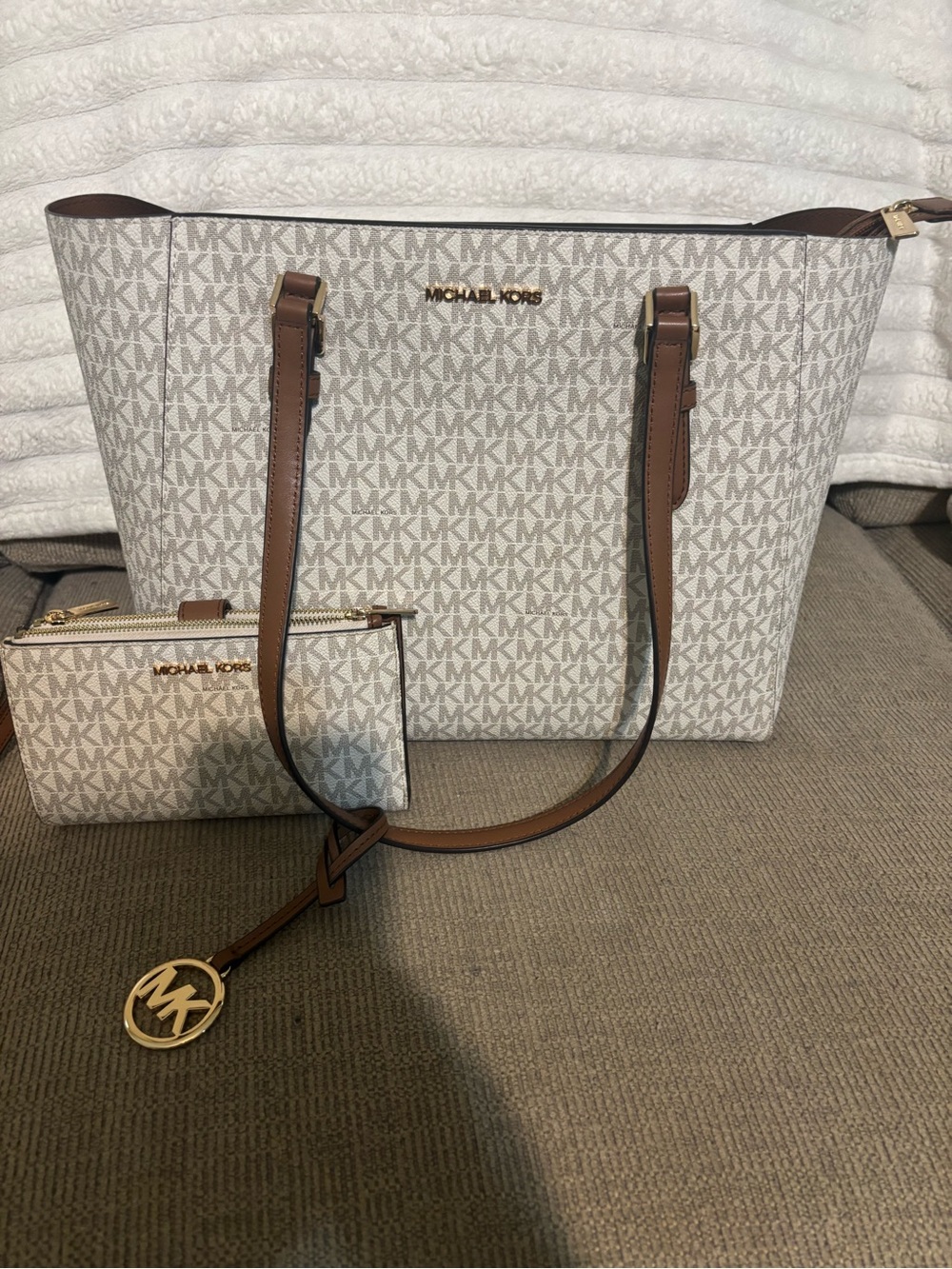 Michael Kors Cream Logo Tote with Brown Trim and Wristlet